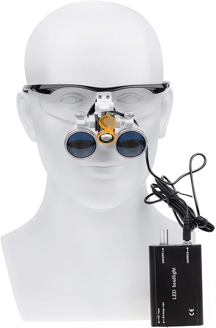 EustomA 2.5X Binocular Loupes Optical Glass Magnifier with 3W LED Waist Hanging Light Clip on Lamp DY-004 with Optical Filter Storage Box (Blue) - Image 2